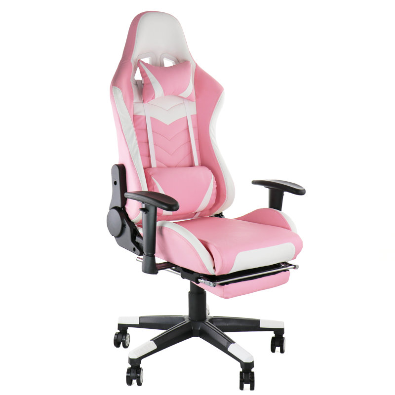 Inbox Zero Adjustable Reclining Ergonomic Faux Leather Swiveling PC & Racing Game Chair with Footrest, Pink/White