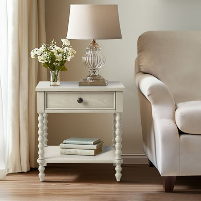 Beckett Antique Cream Turned Wood Spindle Nightstand with Drawer and Shelf