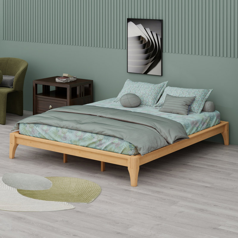Base de lit plateforme en bois de bambou sec massif avec support en lattes de bois, Naturel