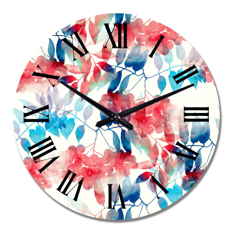Horloge murale à motif de feuilles rouges et bleues sur fond beige I, Grand