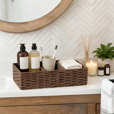 Organisateur de panier en osier pour réservoir de toilette Seagrass, rangement de salle de bain tissé à la main à 3 compartiments pour rouleaux de papier hygiénique, tampons et articles essentiels