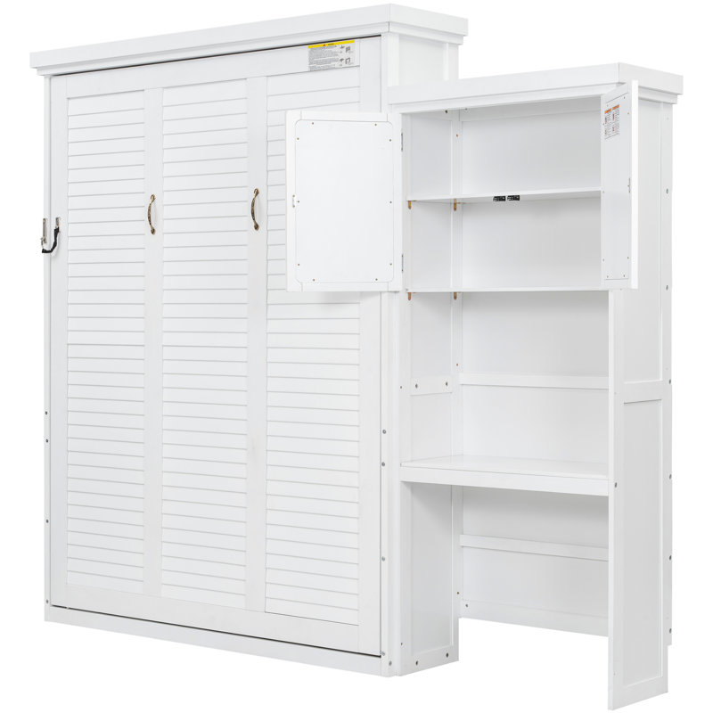 Grand lit, blanc, lit peu encombrant, tablettes de rangement à persiennes et pin
