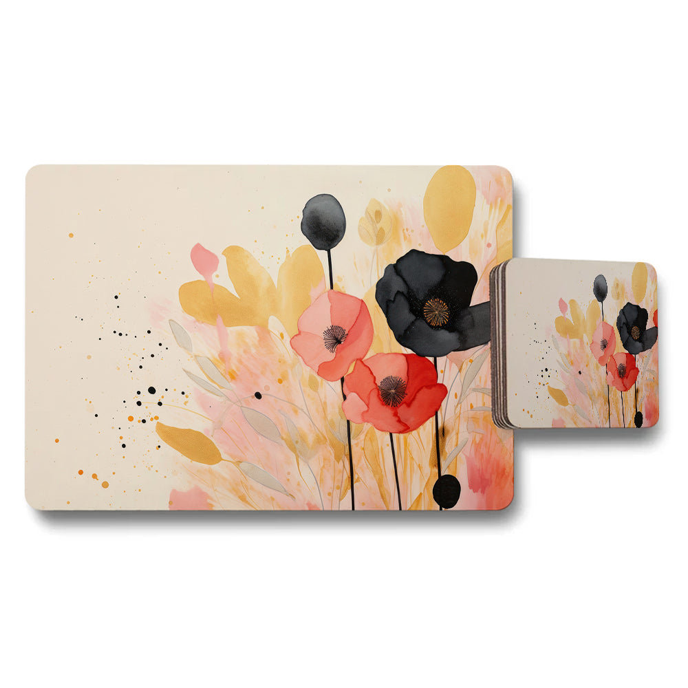 Watercolor Floral Placemat And Coaster Set With Poppies