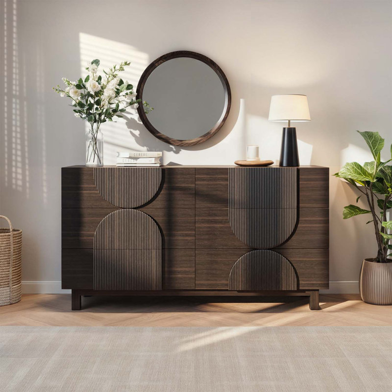 Modern Fluted Wood Design Storage Cabinet with Wood Legs, Dark Brown