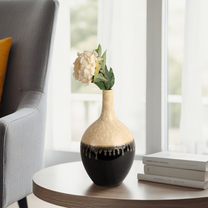 Elegant Glazed Ceramic Silhouette Flower Vase for Home Decor - Decorative Tall Vase Accent for Living Room or Table Centerpiece - Ivory & Black