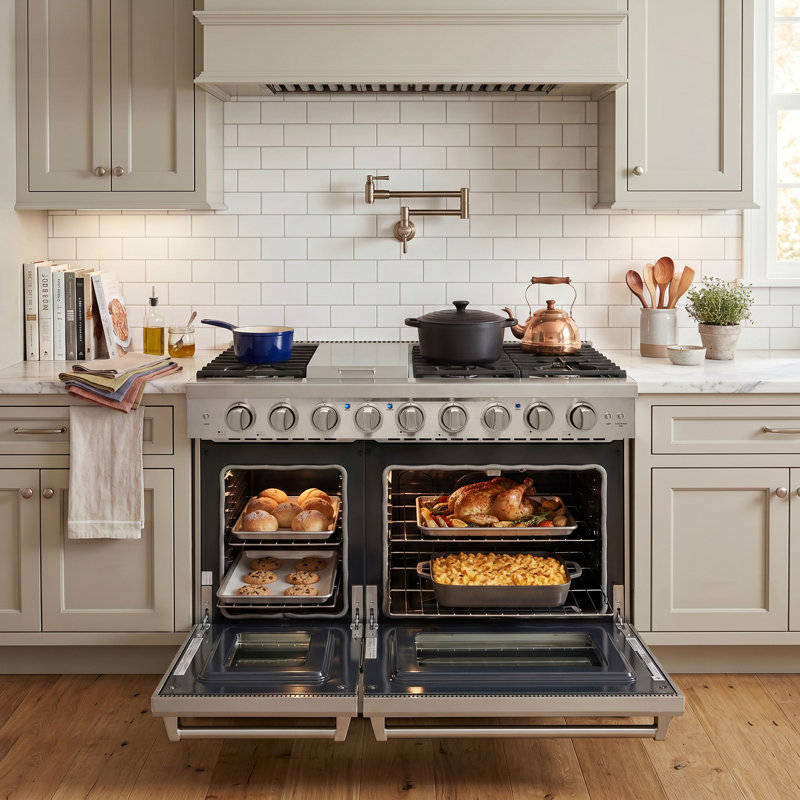 Cuisinière à gaz 48 po avec 6 brûleurs et 1 plaque chauffante Kostch, four double 4,6 et 2,2 pi³, Acier inoxydable