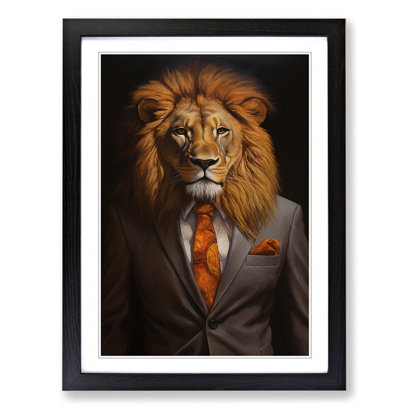 Lion In A Suit Painting No.2 - Single Picture Frame Print on Wood, Black Framed, 34cm H x 25cm W x 2cm D