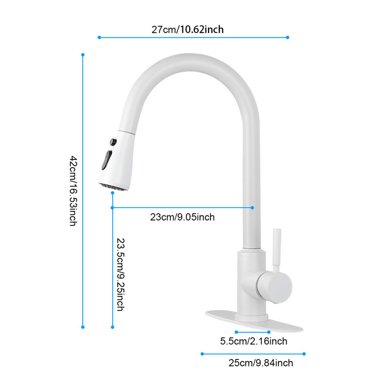 Modern White Kitchen Faucet With Stainless Steel, Pull Out Spray Functionality For Convenience, 360 Rotating Nozzle, Two Water Output Settings, Simple And Easy Single Control Function, Convenient