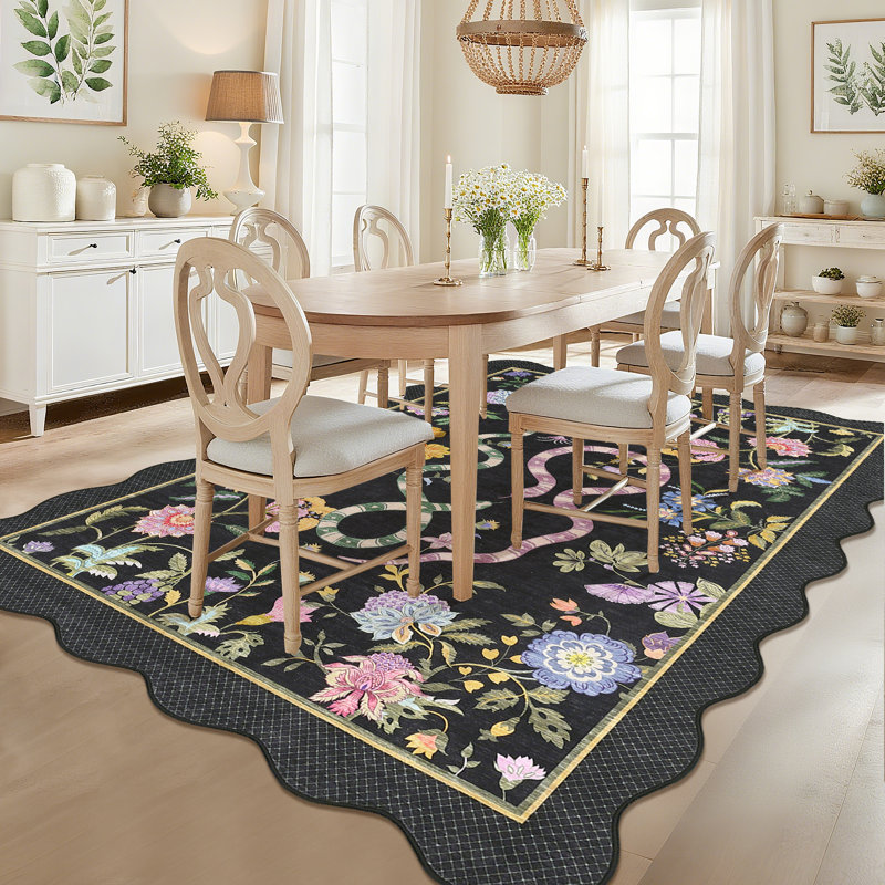 Farmhouse Floral Rug Washable Rug Non Slip Modern Scalloped Carpet, Soft Non Shedding Indoor Carpet, Low Pile Thin Foldable Printed Mat