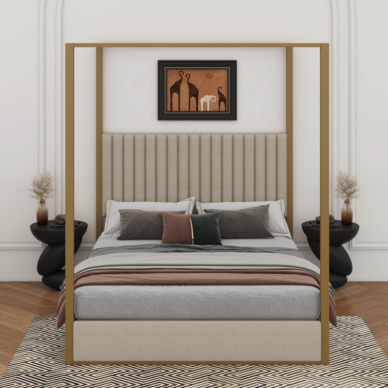 Queen Size Upholstery Canopy Bed With Headboard 