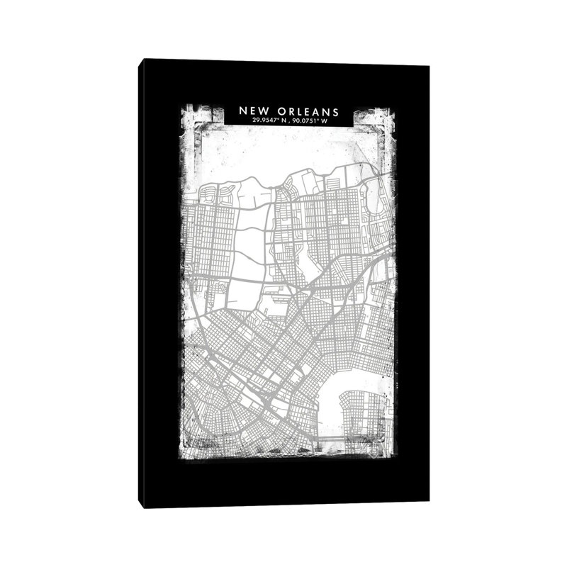 New Orleans City Map Black White Grey Style by WallDecorAddict - No Frame Gallery-Wrapped Canvas Giclée on Canvas