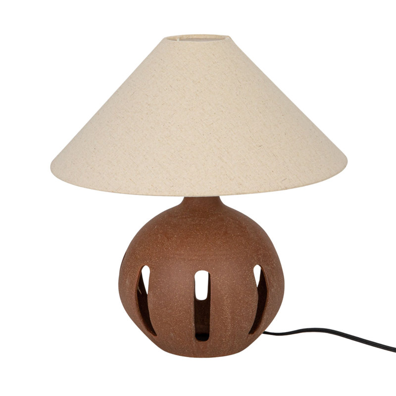 Brown Ceramic Table Lamp with Natural Linen Shade and Cut-Outs