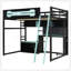 Lit mezzanine double en bois avec bureau, tablettes, lumières DEL, ports USB et panneau perforé, noir et bleu-129747079