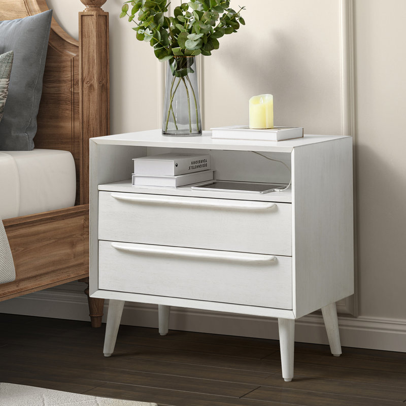 Aviannah Mid-Century Modern 2 - Drawer Nightstand With Built-In Charging Station And Legs And Open Shelf, White