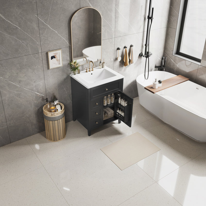 Meuble-lavabo 24 po avec lavabo, meuble-lavabo autoportant pour le rangement et l'organisation de la salle de bain, Noir