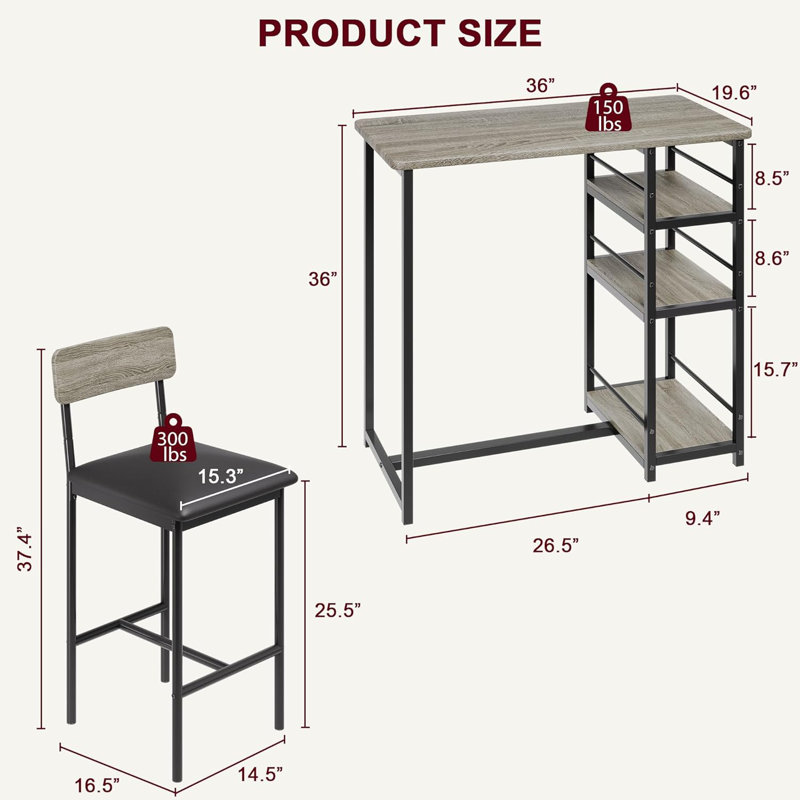 Dining Bar Table Set With 3 Storage Shelves, Pub Bar Counter Table With 2 Footrest Chairs, Gray/Black