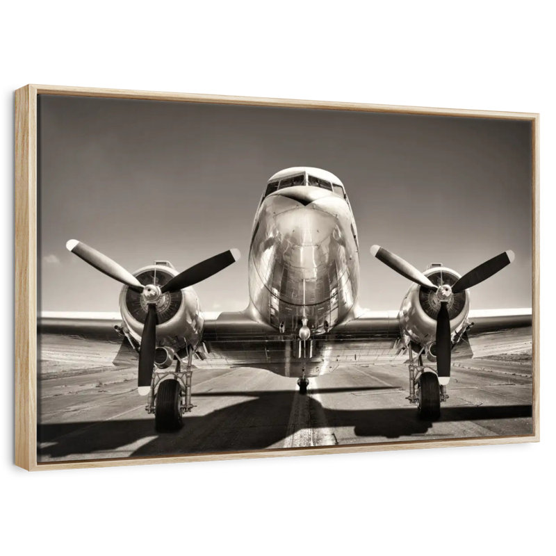 Avion rétro noir et blanc, Cadre flottant en bois naturel, 37 po x 25 po