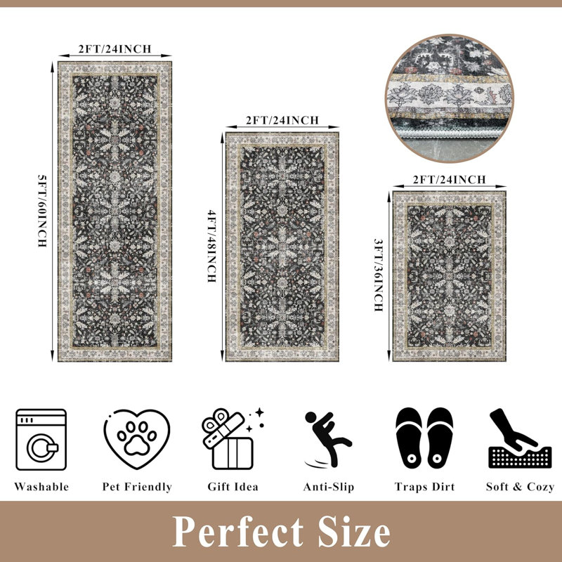 Boho Washable Kitchen Rug Set of 3, Black