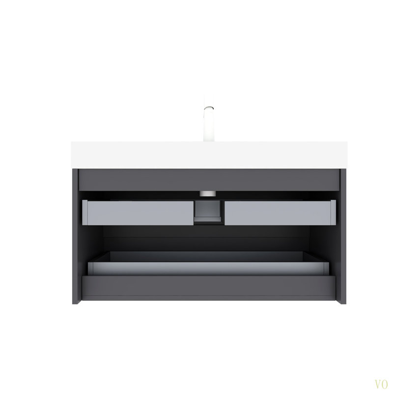 Meuble-lavabo de salle de bain 36 po avec lavabo encastré, armoire de rangement murale moderne en contreplaqué flottant avec 2 tiroirs et lavabo intégré sans robinet