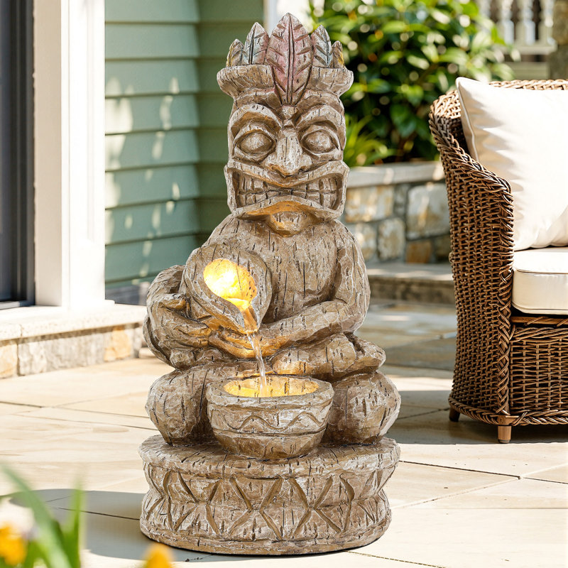 23" Tropical Water Fountain with LED Lights, Tiki Totem Cascading Waterfall Decor, 2-Tier Weather-Resistant Resin Outdoor Feature