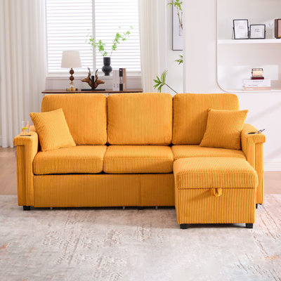 L-Shaped Sectional Sofa with Pull-Out Storage Ottoman and Pillows 3-Seat Convertible Design for Living Room Corduroy Fabric