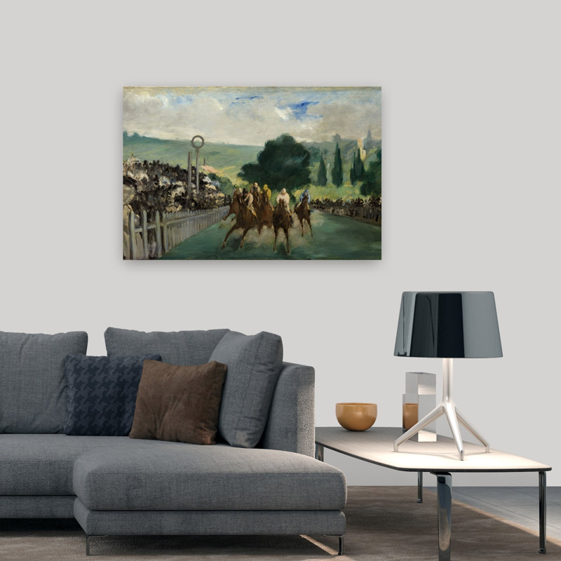 Les courses de Longchamp, 1866 - Affiche murale abstraite contemporaine représentant un paysage équestre, H 32 po x l 48 po