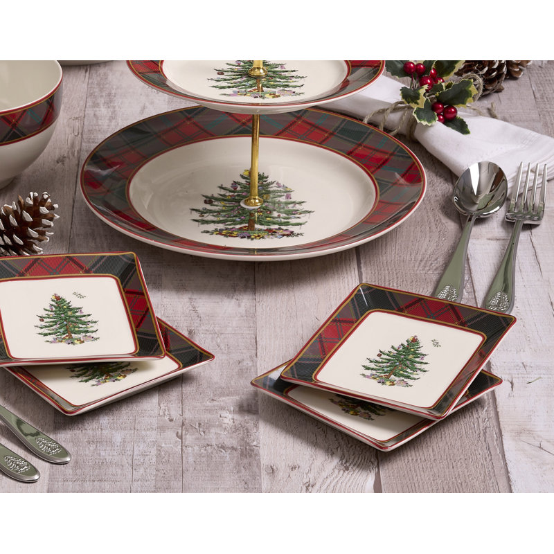 Christmas Tree TARTAN TIDBIT PLATES S/4 5"
