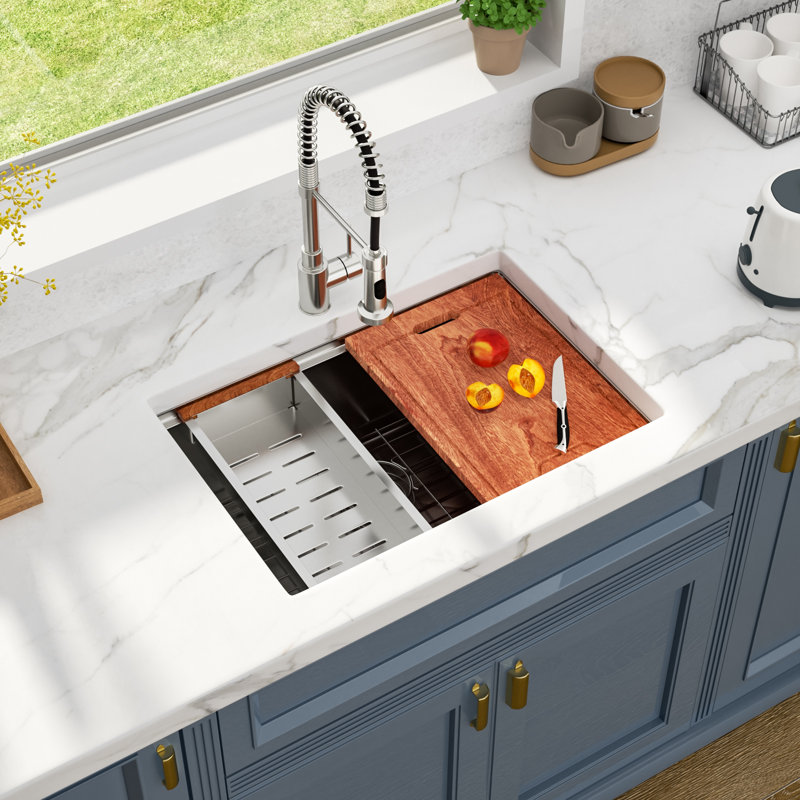 27" L x 19" W Undermount Kitchen Sink Ledge Workstation Single Bowl 16 Gauge Stainless Steel Sink