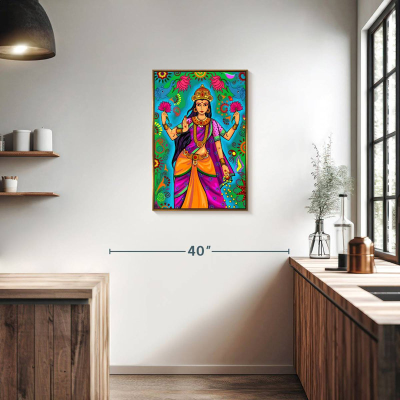 Déesse indienne Lakshmi, Cadre flottant doré, 21 po x 31 po