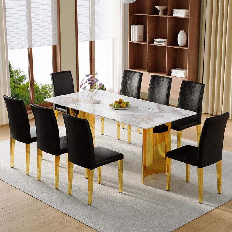 71" Rectangular Dining Table Set For 8 Featuring A Faux Marble Tabletop Paired With PU Leather Chairs. This 9-Piece Dining Set Is Suitable For Homes, Restaurants, And Office Spaces.