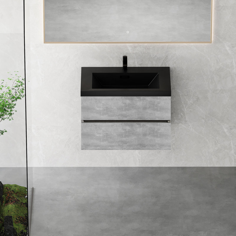 Meuble-lavabo de 30 po gris avec vasque en quartz noir mat et emblème de l'évier à fermeture douce