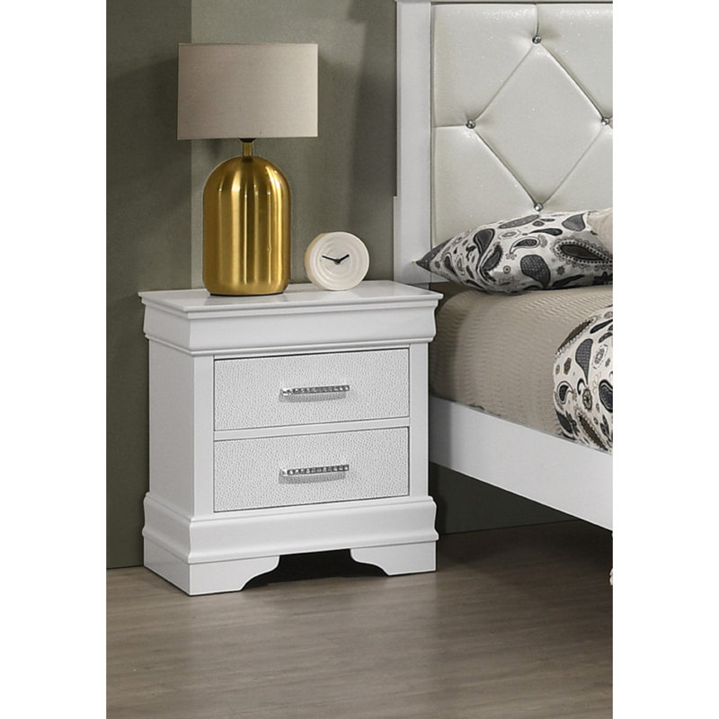 White Modern Nightstand With Storage Options - Solid Wood, Textured Diamond Texture For Bedroom 2 Drawer In Style White, Wood And