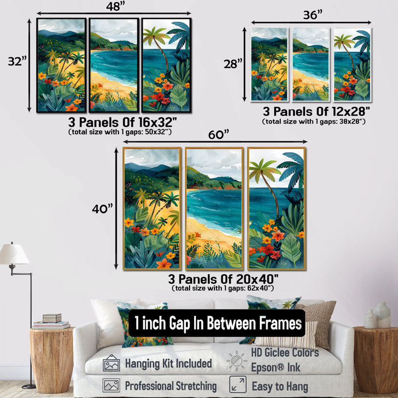 «Orange Green Coastal Beach In Mexico III», ensemble de reproductions d'art mural, Toile argentée avec cadre flottant