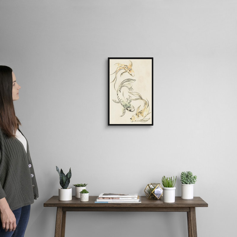 Koi Dance I, art mural sur toile, H 20 po x l 14 po x P 2 po, Cadre noir