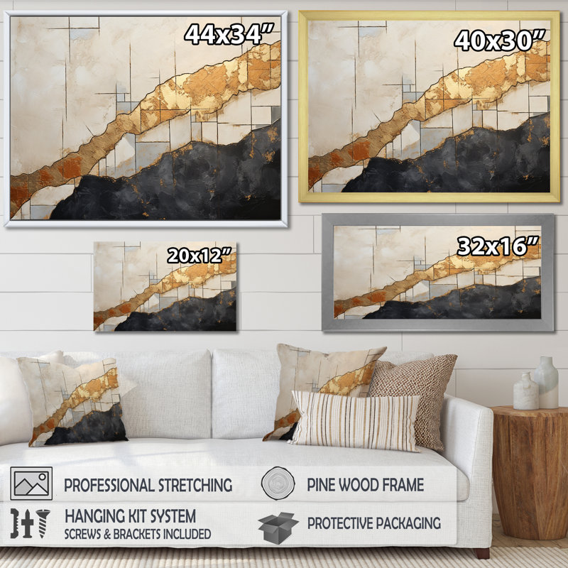 «Black Gold Ororned Poteries VI», reproduction sur toile, H 12 po x l 20 po, Cadre flottant noir