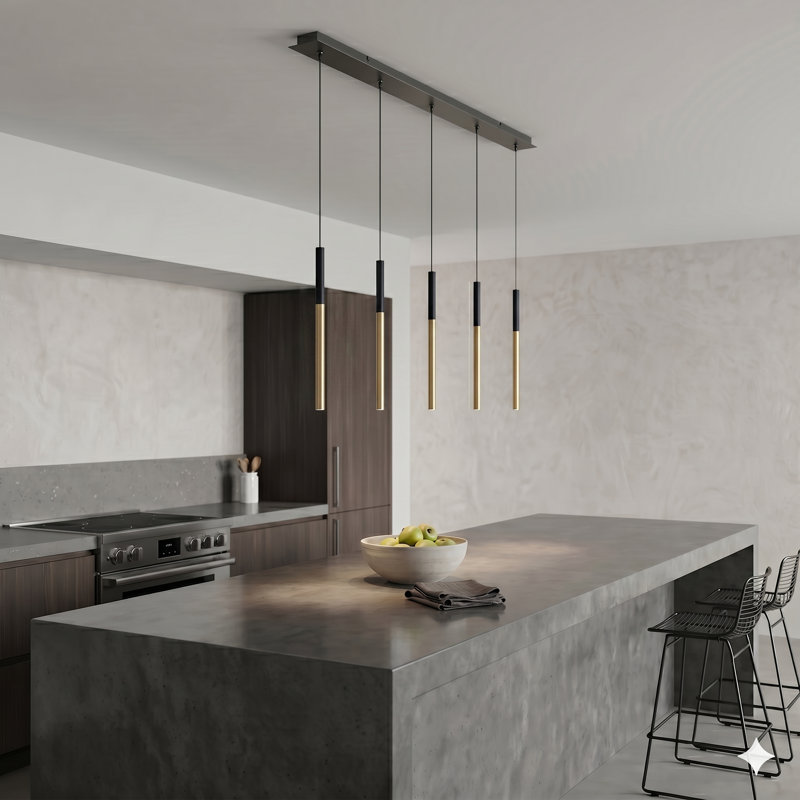 Luminaire suspendu cylindrique à DEL 5 lumières pour îlot de cuisine Baileyton, Dessus noir / cuivre brossé