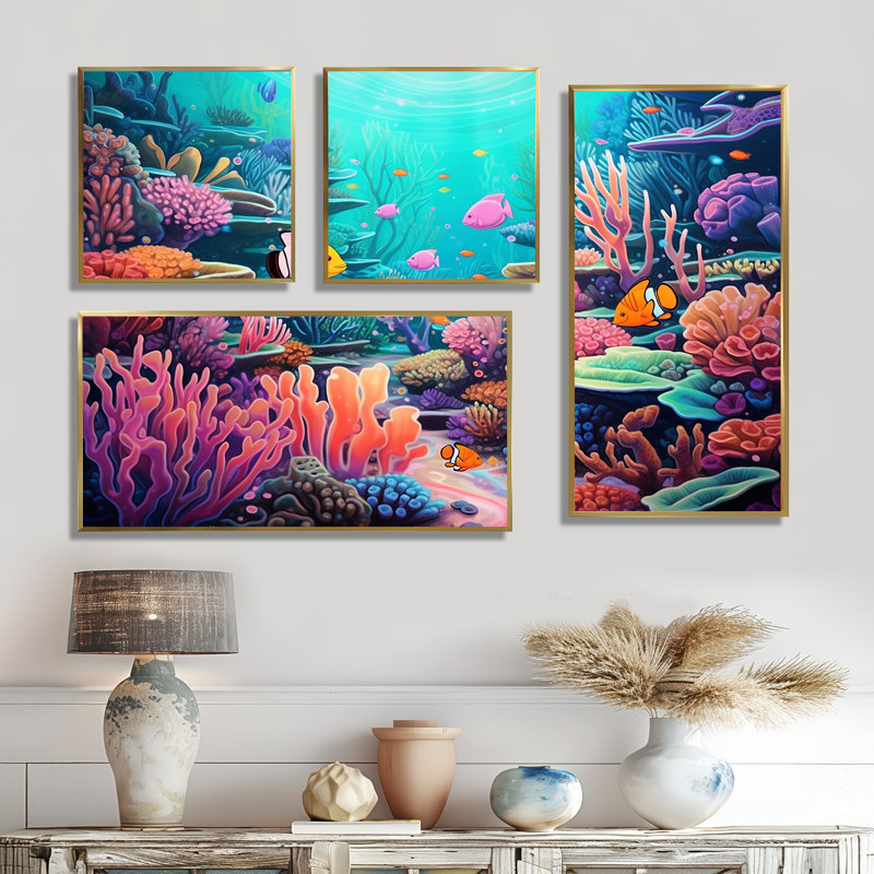 Kawaii clownfish corail Lansdscape I - gros poisson, décoration murale 4 pièces, Impression encadrée sans passe-partout, Doré