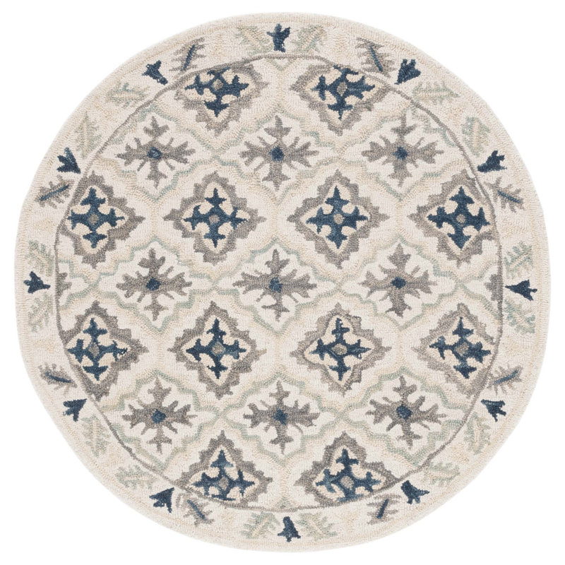 Betsy-Belle Hand Tufted Wool/Cotton Geometric Rug in Blue/Ivory, Round 5'