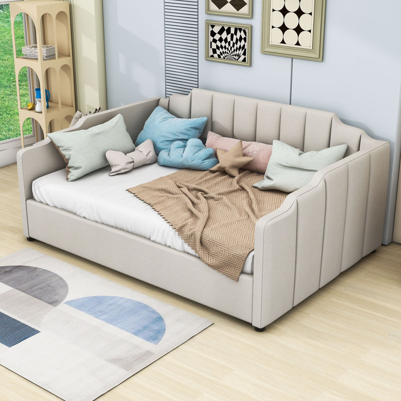 Wooden Upholstered Daybed with Underneath Storage, Full, Beige