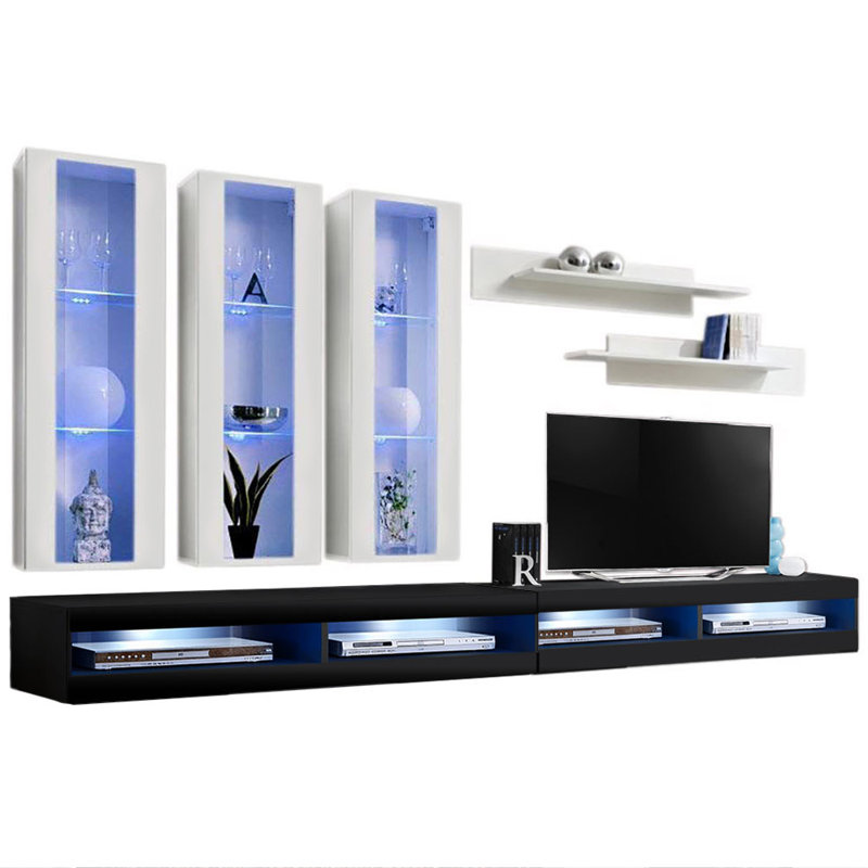 Flye 126" Modern Floating Wall Mounted Entertainment Center with 16-Color LED Lighting, High Gloss Finish, White/Black