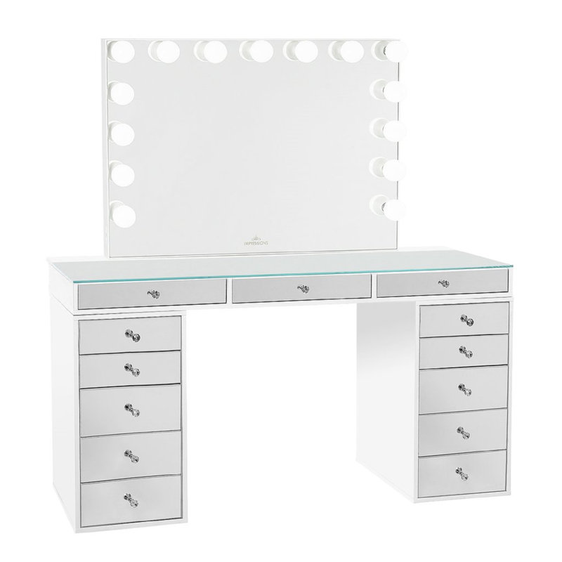 Bureau de maquillage avec miroir de coiffeuse Slay Station Pro 2.0, meuble-lavabo lumineux avec 5 tiroirs, Blanc brillant