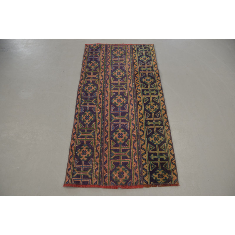 Petit tapis turc rétro avec patchwork en bleu pour vestibule 9178