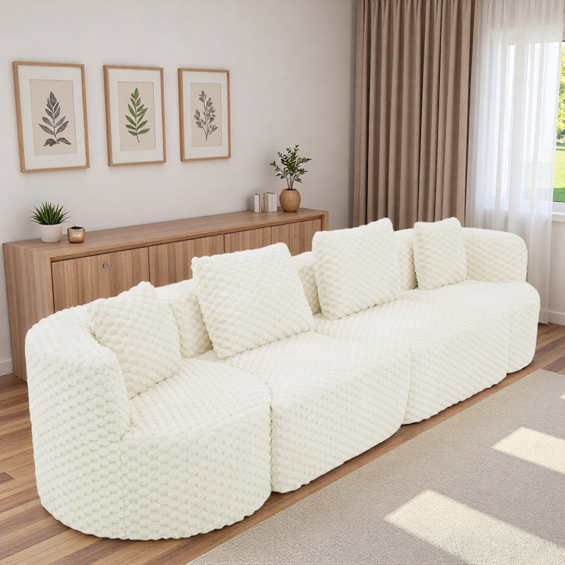 Modular Sectional Sofa With Rounded Silhouette And Pillows, White