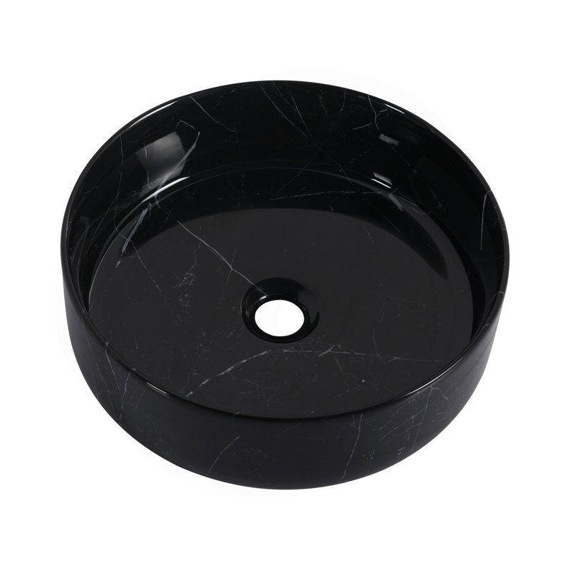 Lavabo de salle de bain rond en céramique avec lavabo pour salle de bain, fond noir avec motifs blancs (UNOR B), Noir blanc