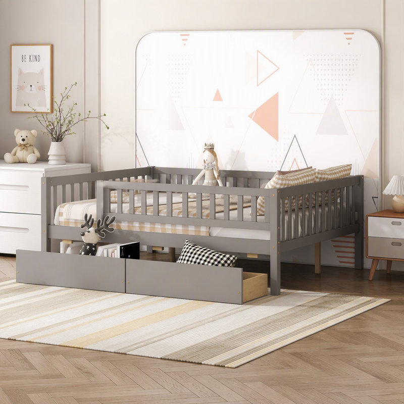 Lit de jour double en bois avec deux tiroirs, gris, Gris, Lit double