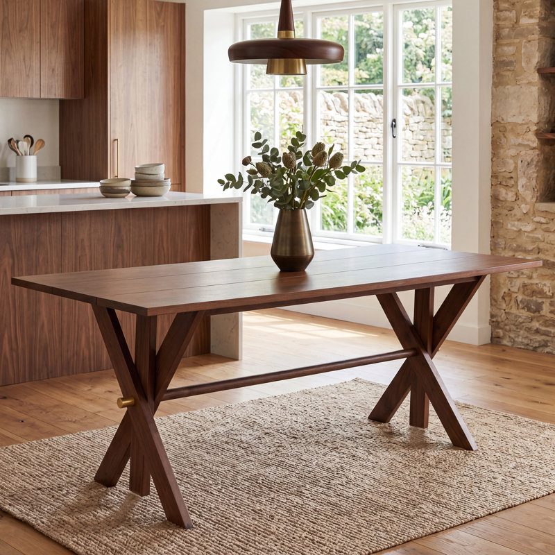 78''Rectangular Dining Table With Double Trestle, Modern Farmhouse Dining Table for Kitchen/Dining Room, Walnut