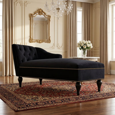 Chaise longue 58 po en velours touffeté avec garniture cloutée et pieds en bois
