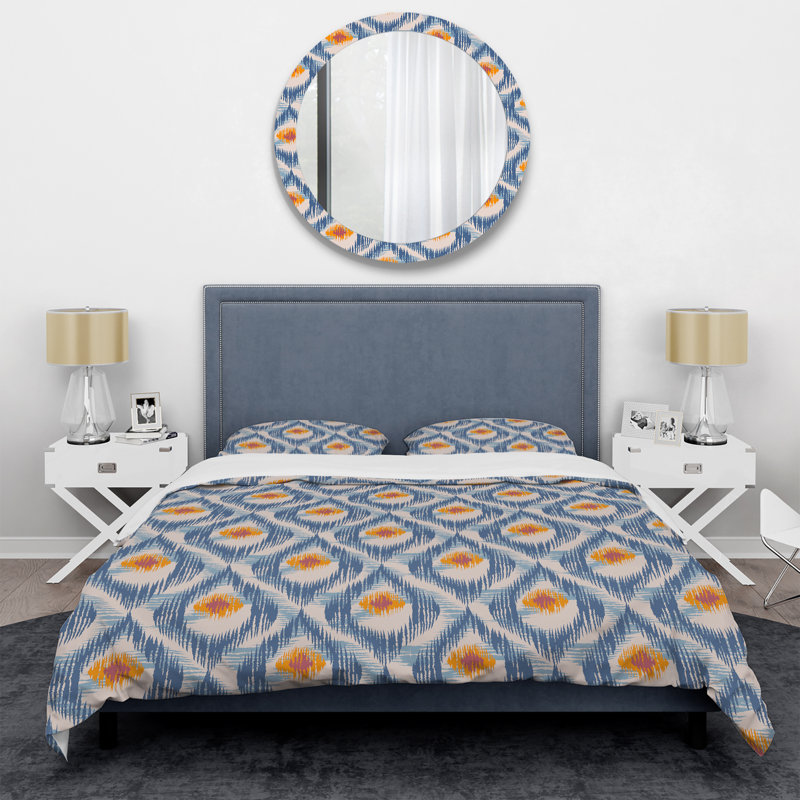 Bleu et orange Ikat Ogee - Ensemble de housse de couette abstrait - Microfibre de polyester