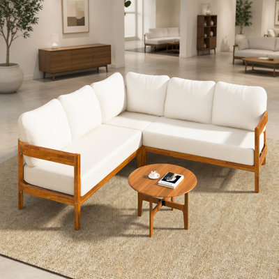 Ensemble de meubles de patio en bois massif U_Style Acacia, ensemble de conversation d'extérieur avec 6 coussins de siège moelleux et sac à dos, canapé d'extérieur toutes saisons avec structure arquée pour la cour et le jardin.