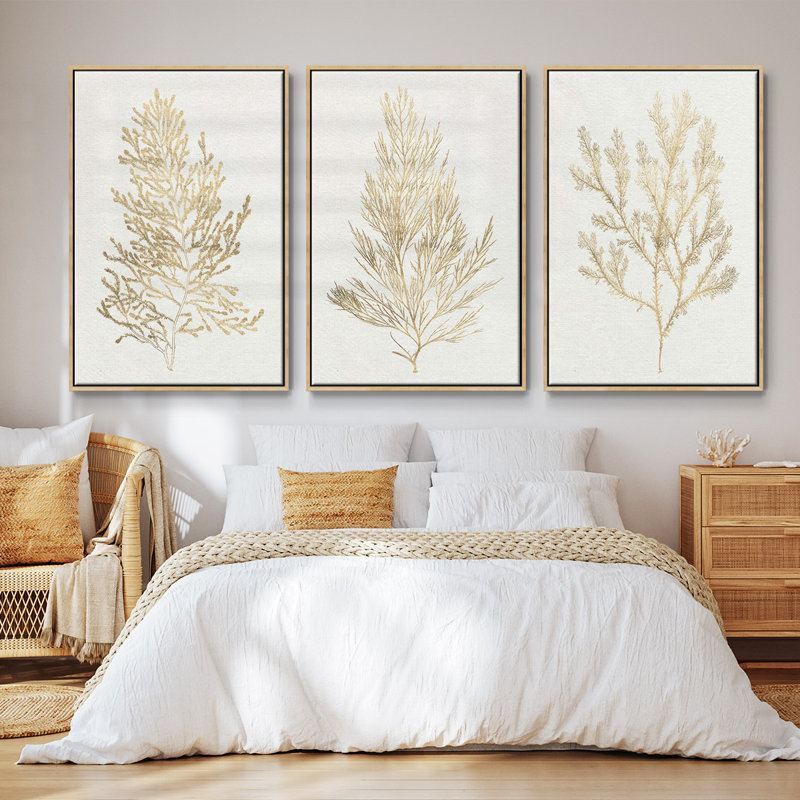 " Gilded Algae IV " 3 - Pieces, 36" H x 72" W, Natural Wood Framed